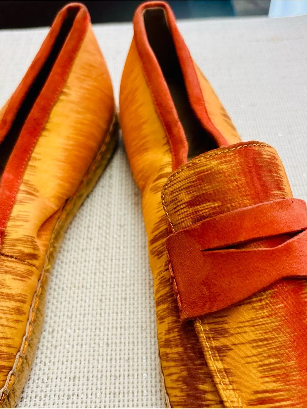 Sam Edelman Orange and Gold Espadrille Penny Loafers